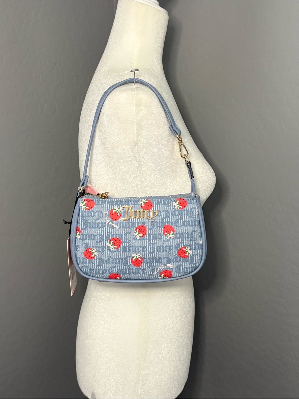 NWT Juicy Couture Light Blue Strawberry Print Wristlet Wallet Shoulder Bag